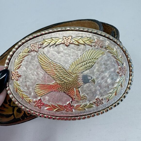 UNBRANDED | Floral Tooled Cow Hide Leather Belt Eagle Buckle Women’s Size S/M main image 8